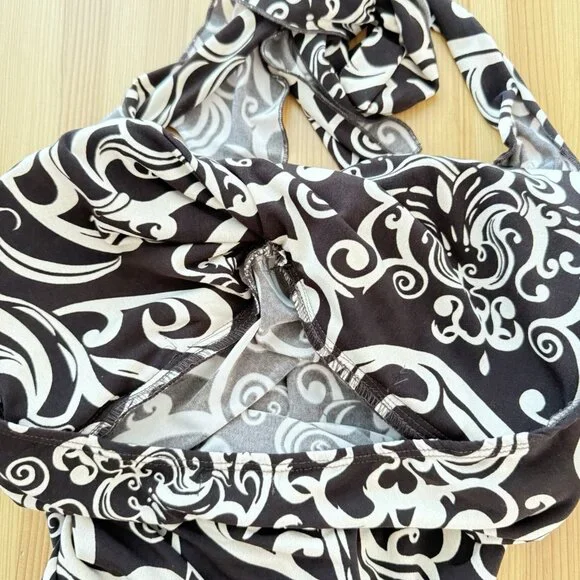 Y2K Ruby Rox Brown Floral Mini Dress Ruched Halter Fairy 90s Asymmetrical Hem S - Picture 8 of 10